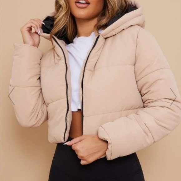 PrettyLittleThing Jackets & Blazers - PrettyLittleThing Beige Cropped Hooded Puffer with Black Lining